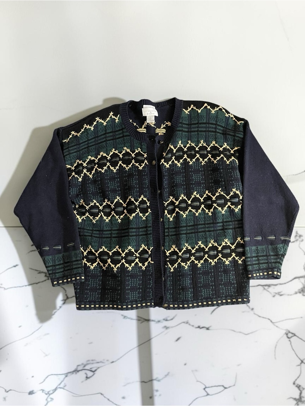 Vintage Christopher & Banks L Plaid Embroidered Cardigan Ramie Cotton Gold - Picture 4 of 7